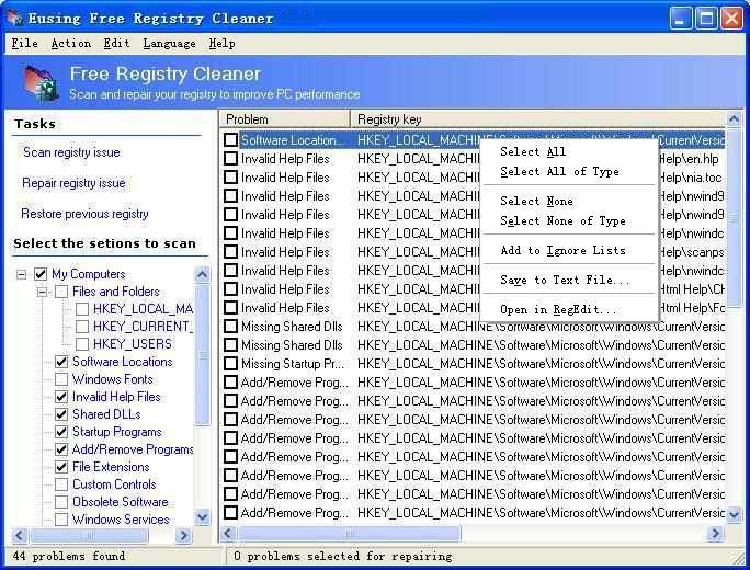 Eusing Free Registry Cleaner freeware screenshot